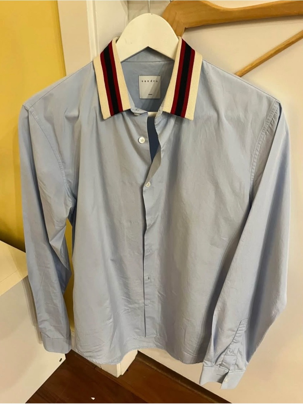 Sandro Light Blue Shirt with Contrast Stripe Collar